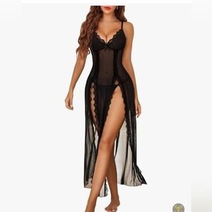 Sheer Black Lace Split-Necknight Lingerie Dress. W-19